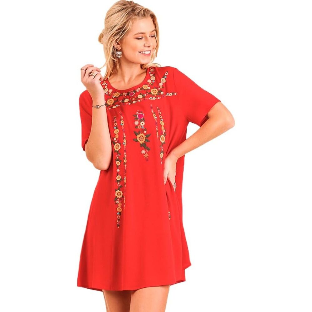 Altar'd State Floral Embroidered Boho Mini Dress Short Sleeves Red Size M